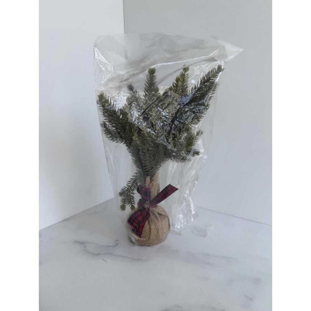 Mini Artificial Christmas Tree in Burlap Decor Christmas Holiday Plaid Ribbon